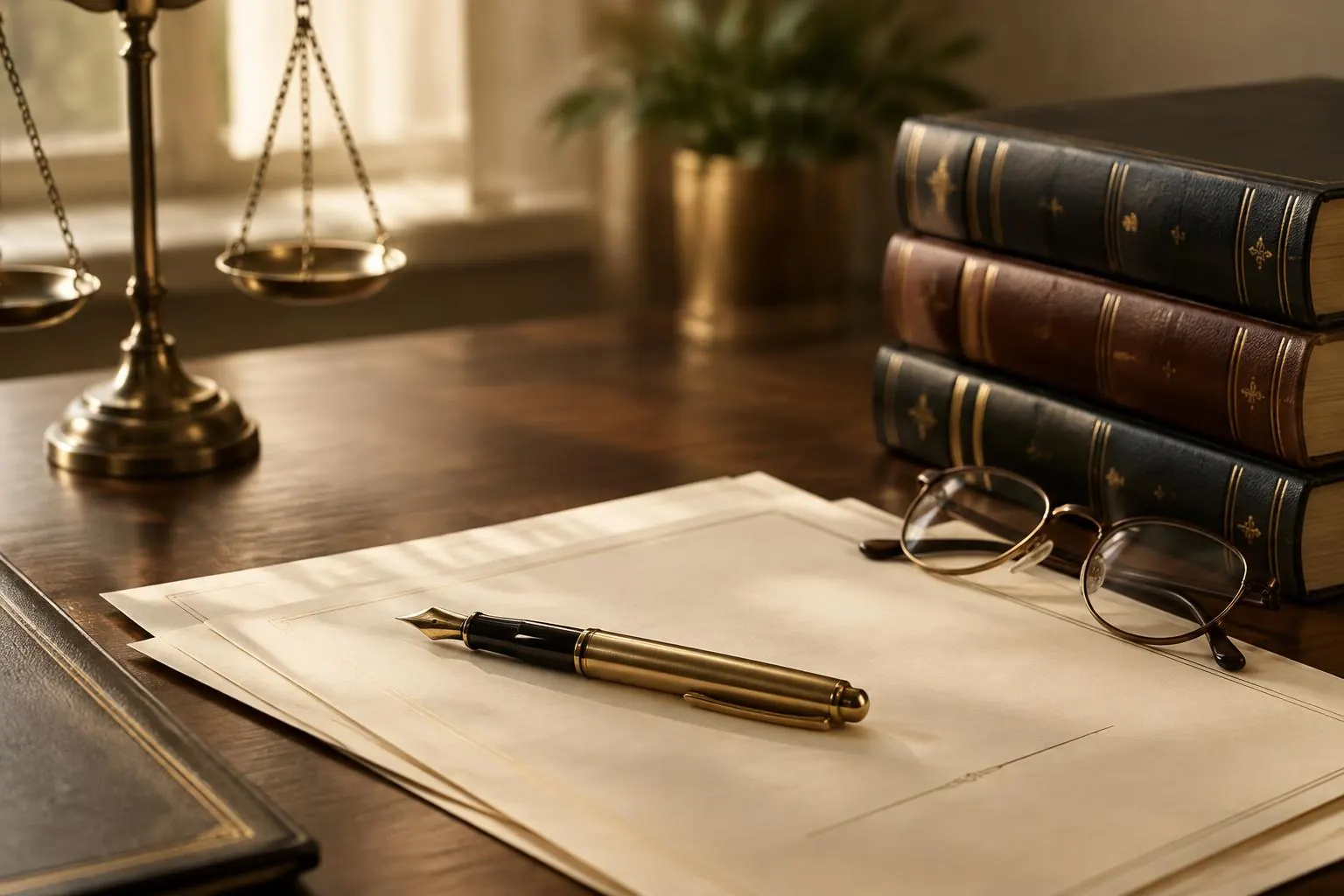 Legal documents, a fountain pen and law books on a walnut desk
