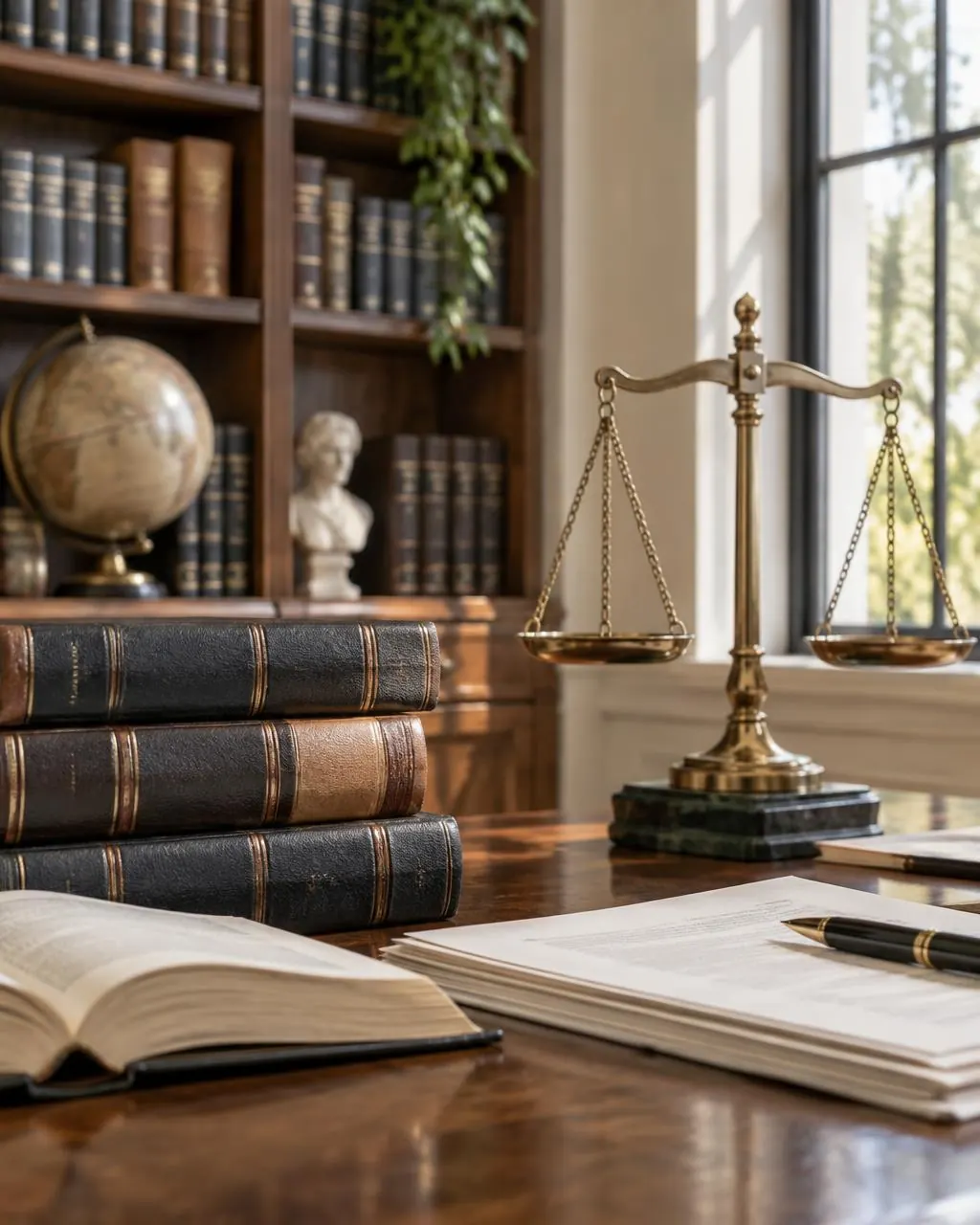 Law books, documents and a brass balance scale in daylight